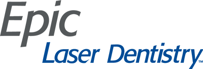 The image shows a logo with the word  EPIC  at the top, followed by  LASER DENTISTRY  below. It features a stylized graphic of laser beams.