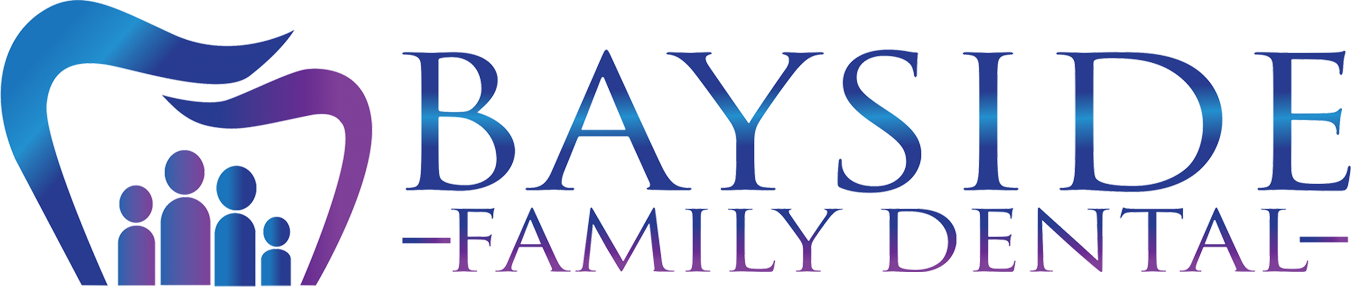 The image shows a logo with the text  BAYSIDE FAMILY DENTAL  prominently displayed, featuring a stylized graphic of a toothbrush with a smiley face design, against a background that transitions from purple to gray.