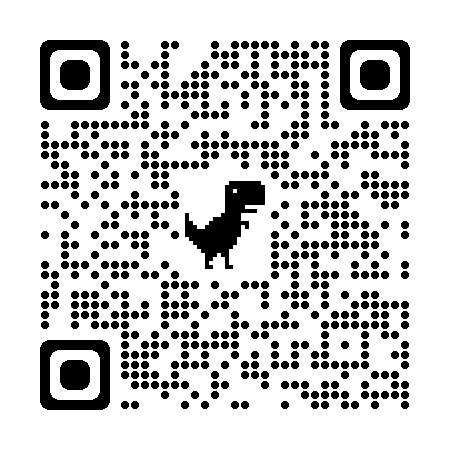 The image features a QR code with a pixelated dinosaur graphic inside it.