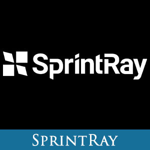 The image displays a logo with the text  SprintRay  prominently displayed above a stylized letter  R  in a larger font, set against a dark background.