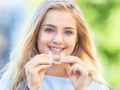 A young woman with a radiant smile, holding up a dental retainer, set against a blurred outdoor background.